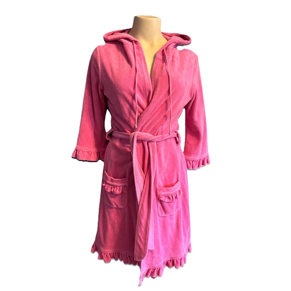 Victoria's Secret Angel Robe Womens S/M Pink Terry Cloth Hooded Y2K Ruffle